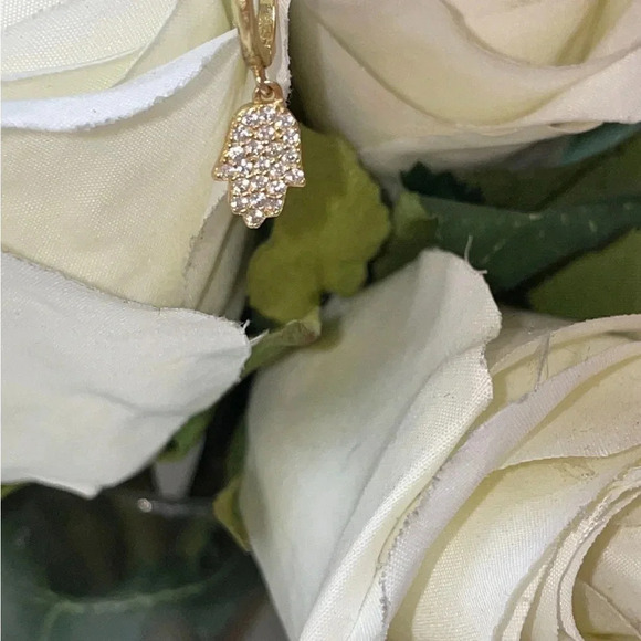 14K Solid Gold  Belly Ring Hoop with pave stone CZ stones Dangling Hamsa Charm - Picture 11 of 13